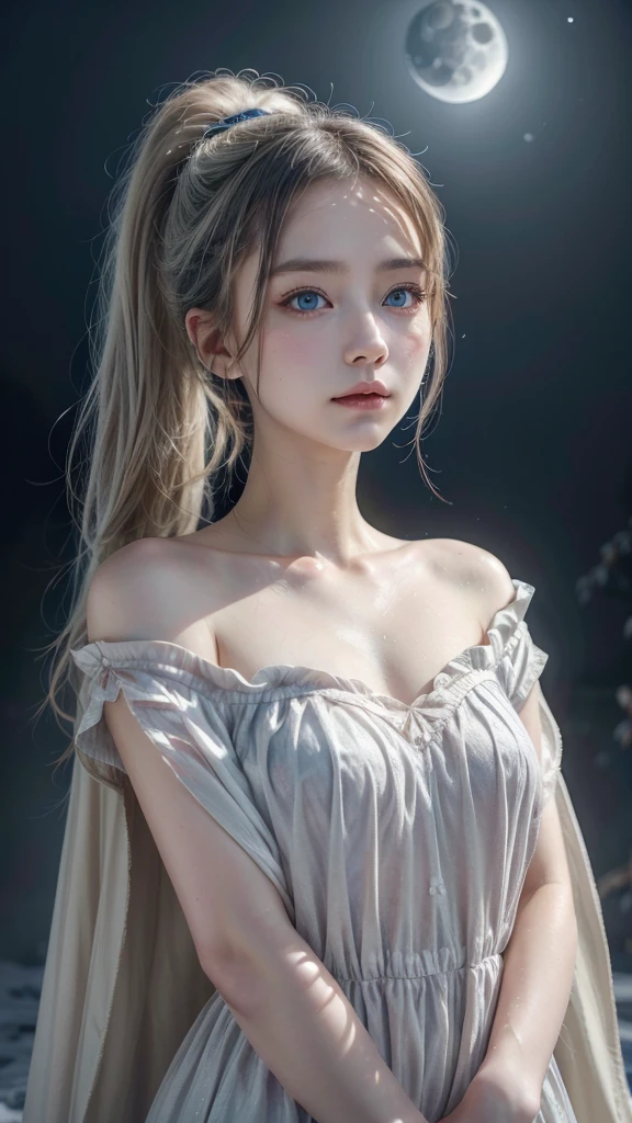 Masterpiece, (Best Quality: 1.2), (Super Fine: 1.2), Illustration, (Extremely Delicate and Beautiful: 1.2), Film Angle, Floating, (Beautiful Detail Eye: 1.1), (Detail Light: 1.1), Film Lights, Delicate Sky, Woman, White Hair, Blue Eyes, (High Ponytail: 1.1), Cloak, Glowing Eyes, (Moon: 1.2), (Moonlight: 1.1), Starry Sky, (Light Particles: 1.1), Fog , snow painting, sketching, blooming