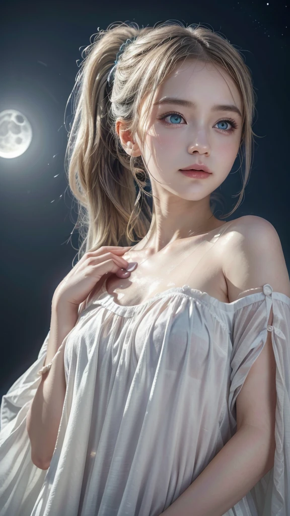 Masterpiece, (Best Quality: 1.2), (Super Fine: 1.2), Illustration, (Extremely Delicate and Beautiful: 1.2), Film Angle, Floating, (Beautiful Detail Eye: 1.1), (Detail Light: 1.1), Film Lights, Delicate Sky, Woman, White Hair, Blue Eyes, (High Ponytail: 1.1), Cloak, Glowing Eyes, (Moon: 1.2), (Moonlight: 1.1), Starry Sky, (Light Particles: 1.1), Fog , snow painting, sketching, blooming