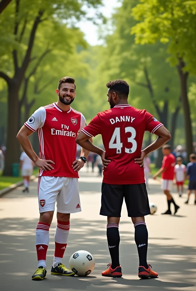 Two friends wear Arsenal and Manchester United. The name of Manchester is Arsenal and Danny's number is 43