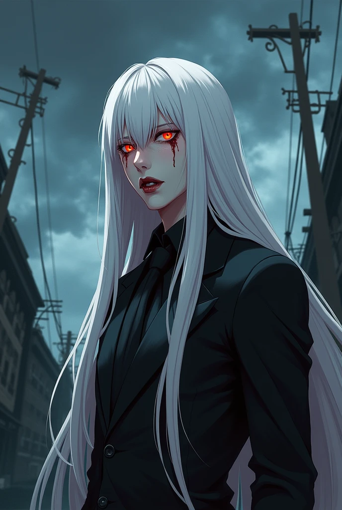 Albino man with white hair, Long hair, His physical build is a bit robust and he has a bang that covers his forehead., Her eyes are bright crimson red, Her mouth is stained with blood
Anime Japanese version image