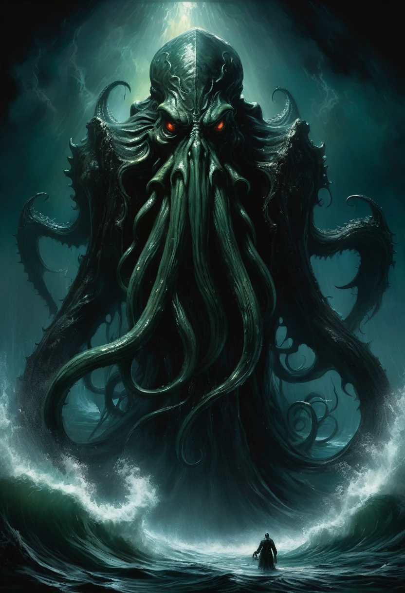 Cthulhu, rising from the ocean depths, dark environment, black over black, highly detailed, melancholic, masterful painting in the style of Aleksi Briclot, oil on canvas