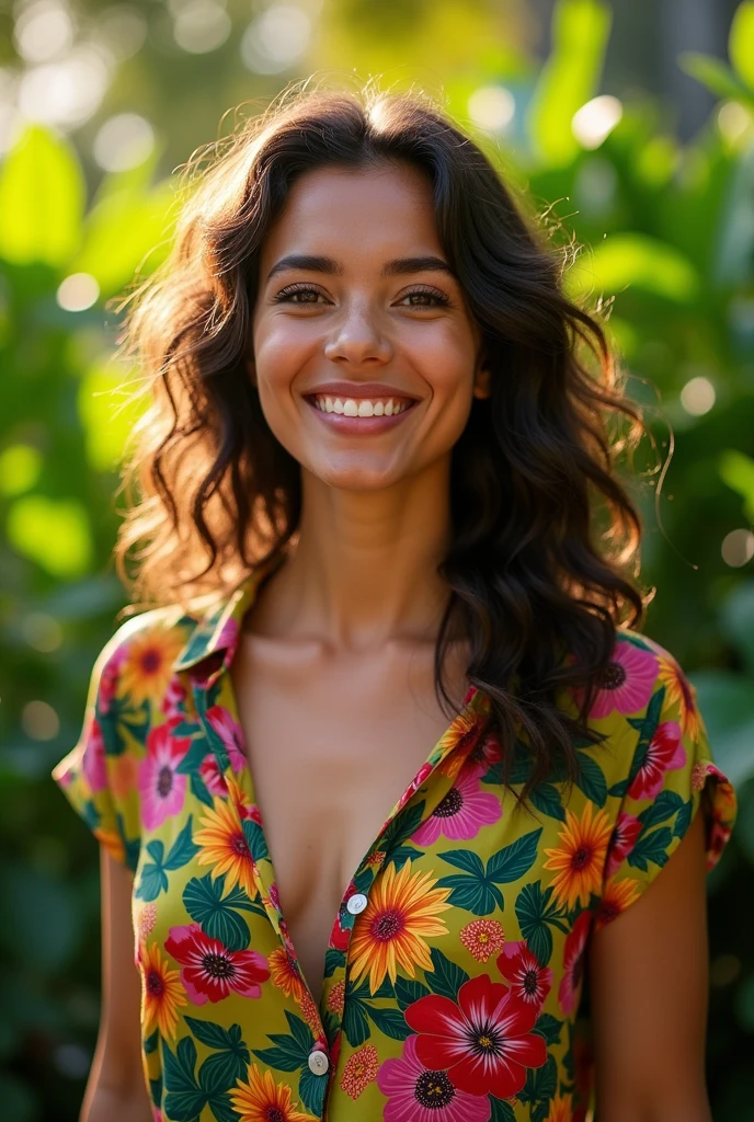 A Brazilian woman in a lush tropical garden, wearing an open shirt with a floral print, with a close-up capturing the harmonious beauty between her breasts and the natural flowers, showing off your natural charm and outgoing personality.