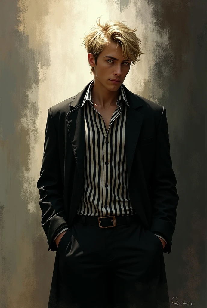 Masterpiece, solo, 1 male, short hair, blond hair, yellow eyes, smirk facial, black and white shirt, black coat