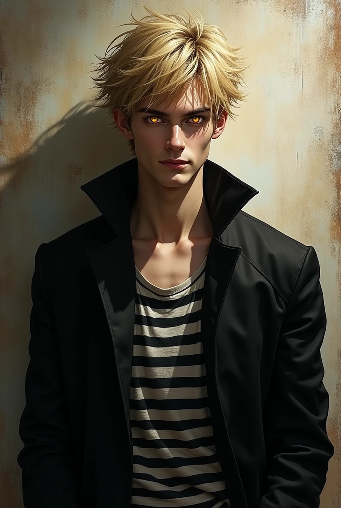 Masterpiece, solo, 1 male, short hair, blond hair, yellow eyes, smirk facial, black and white shirt, black coat