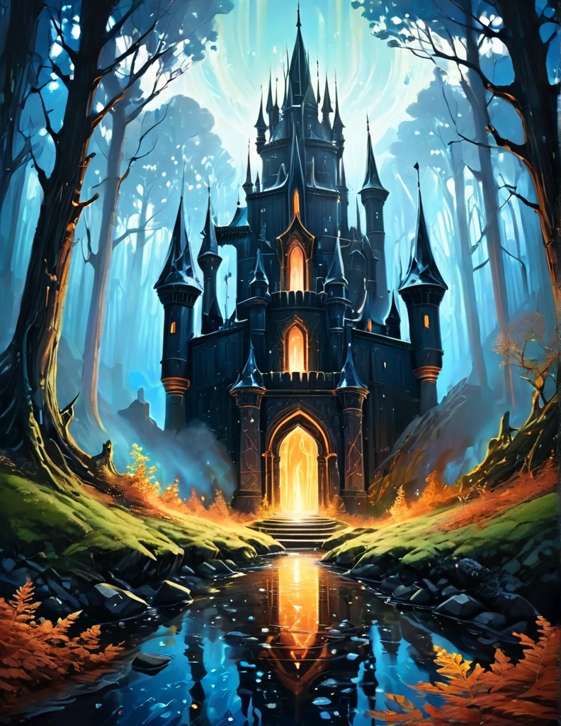 a painting of a castle in the middle of a forest, dan mumford and albert bierstadt, symmetrical epic fantasy art, el bosco and dan mumford, inspired by tomasz alen kopera, anton fadeev and dan mumford, painting by dan mumford, symmetrical fantasy landscape, portal to another world, a portal to the lost flame realm