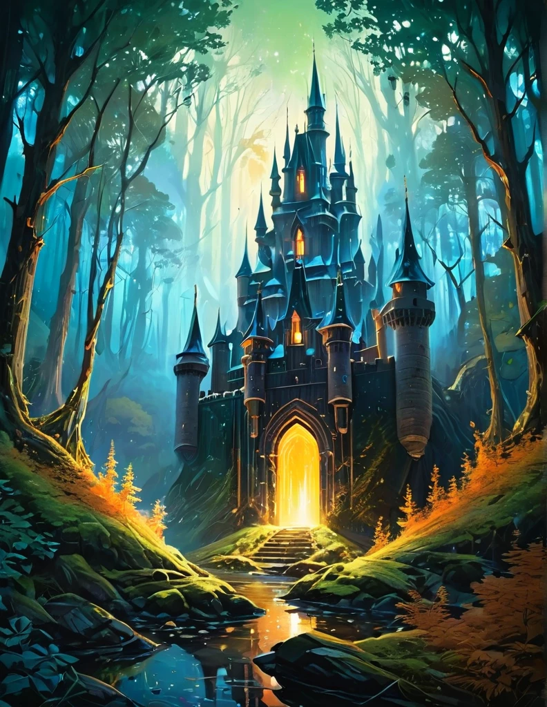 a painting of a castle in the middle of a forest, dan mumford and albert bierstadt, symmetrical epic fantasy art, el bosco and dan mumford, inspired by tomasz alen kopera, anton fadeev and dan mumford, painting by dan mumford, symmetrical fantasy landscape, portal to another world, a portal to the lost flame realm