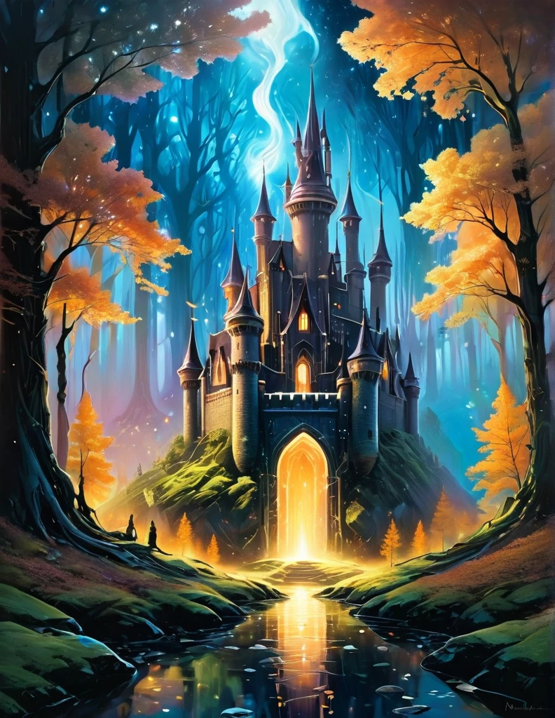 a painting of a castle in the middle of a forest, dan mumford and albert bierstadt, symmetrical epic fantasy art, el bosco and dan mumford, inspired by tomasz alen kopera, anton fadeev and dan mumford, painting by dan mumford, symmetrical fantasy landscape, portal to another world, a portal to the lost flame realm