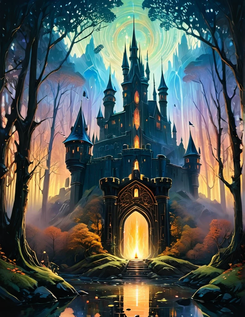 a painting of a castle in the middle of a forest, dan mumford and albert bierstadt, symmetrical epic fantasy art, el bosco and dan mumford, inspired by tomasz alen kopera, anton fadeev and dan mumford, painting by dan mumford, symmetrical fantasy landscape, portal to another world, a portal to the lost flame realm