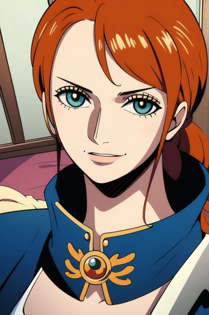 (highest resolution, distinct_Image) Best Quality, single person, A woman, Alone, masterpiece, Very detailed, semi-realist, short orange hair, Orange hair, hits, 18 years, maduro, light blue military uniform, military uniform, interior background, gentle, authoritarian, powerful, exquisite facial features, exquisite facial features