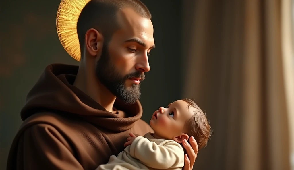 In a captivating YouTube thumbnail, a highly realistic Saint Anthony of Padua is depicted in the corner, with the background softly blurred to emphasize his figure. His facial features radiate gentleness and compassion, framed by a traditional Franciscan tonsure haircut, symbolizing his deep connection to the order. Dressed in a simple brown Franciscan habit, he tenderly cradles the  Jesus in one arm, reflecting his role as a bearer of Christ's love. A subtle golden halo illuminates his serene expression, adding to the sense of holiness. The focus on his face, with detailed textures in his robes and hair, creates a warm and inviting atmosphere. The thumbnail’s rich textures and soft lighting highlight his spiritual presence, making it a visually and spiritually compelling image.