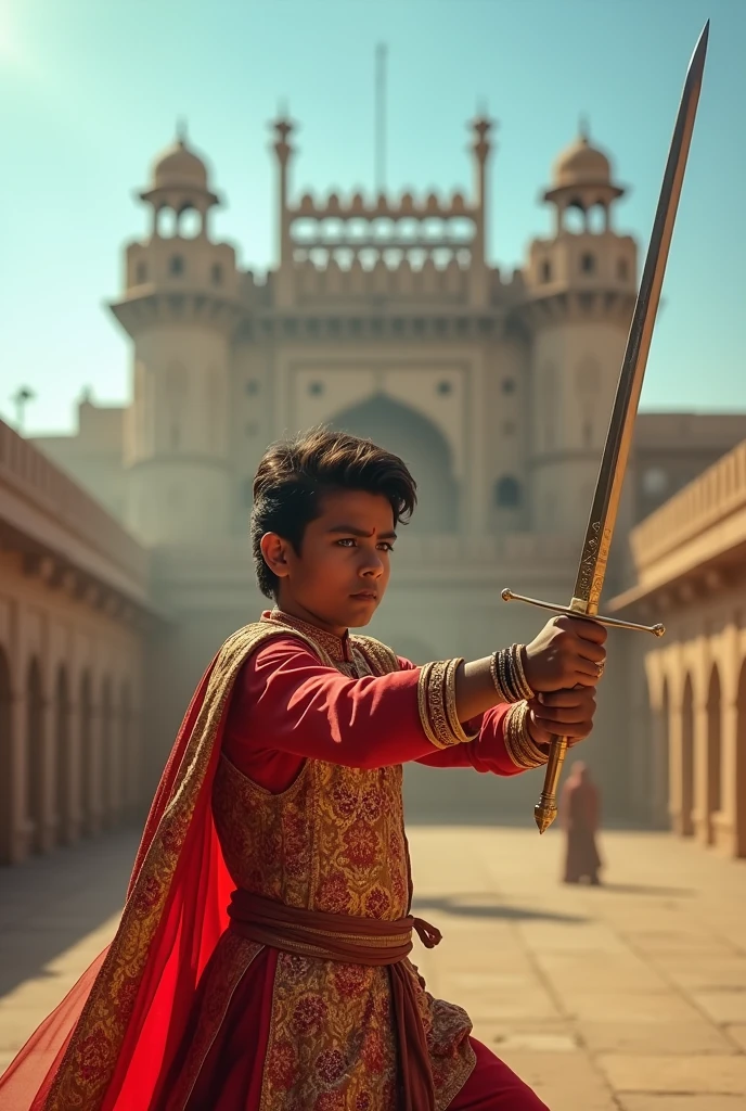  A young Maharana Pratap (Indian prince) practicing swordsmanship in a courtyard, with a determined expression on his face. In the background, there is a faint silhouette of a grand fort, symbolizing his heritage and the responsibility he feels towards his ancestors