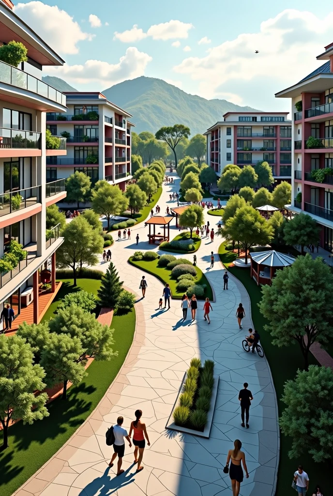 create an urbanization with a residential area with 3-story blocks, shopping area, educational and recreational on an L-shaped plot