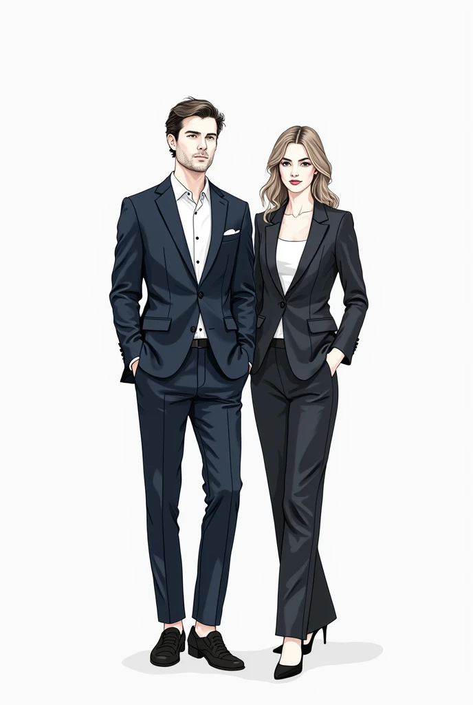 I need an image of the clothing to give references to the wedding guests for the dress code, which will be cocktail style. minimalist drawing. A Man and a Woman, that they don't see each other as a couple, only models of the clothes and both in men's suits. Clothes are what matters