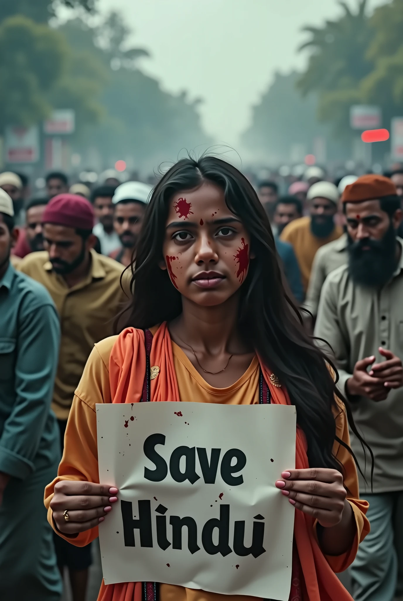 Age 23 young Hot Hindu girl feared wearing traditional clothes with poster in hand written save hindu white milky skin cuts and blood line on face and hand with many hindu and muslim people fighting each other and flag of bangladesh in background , open shocked reaction of girl
