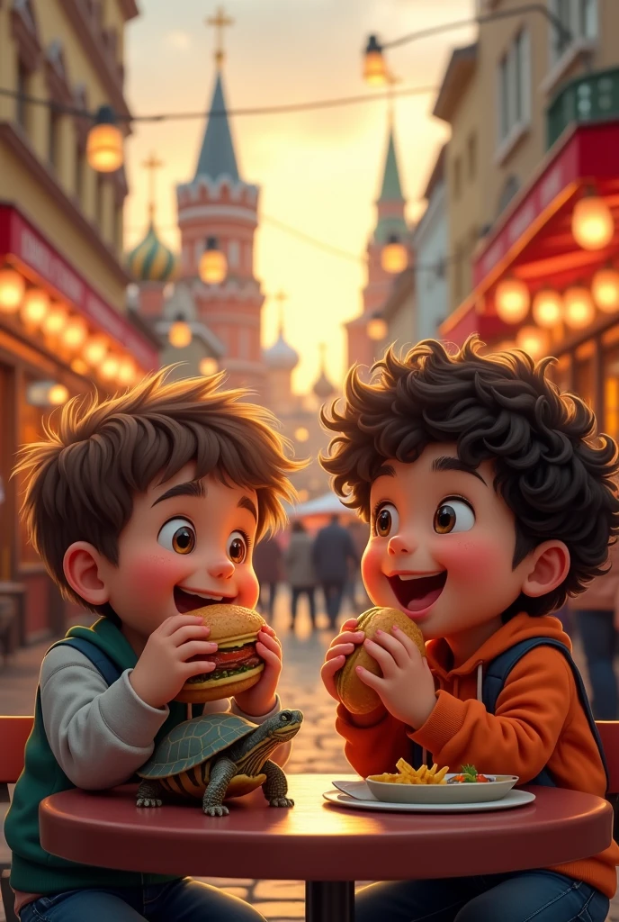 Draw David, a small, chubby boy, and Alejandro, his boyfriend, who is also chubby. They are both in Russia eating hamburgers, and Alejandro has his turtle with him.
