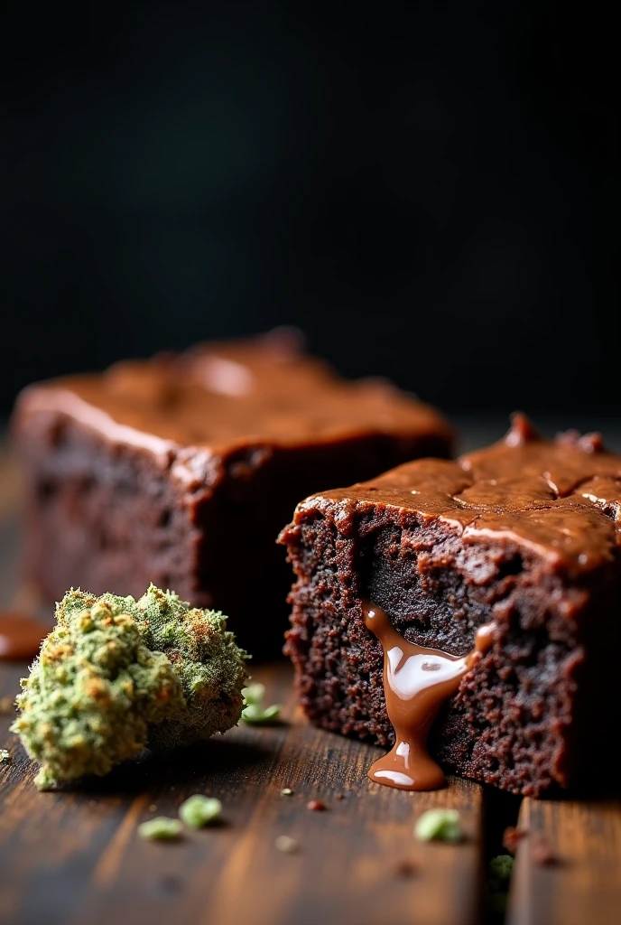 Two mini Brawnis with arequipe filling and next to it a cannabis flower, the bottom one a dark and