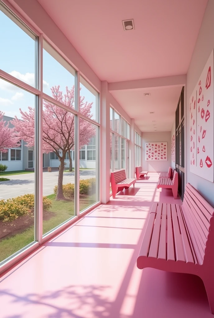 (photorealism:1.2)  Looking at the mmpty in a pink girls' school inside yard, from the inside of a pink and white modern school building with pink benches, clean in good shape, the sign "Colegio Coquetas" and the signs of many kisses 💋 on the walls, not childish drawings on the walls, realistic, intricate details