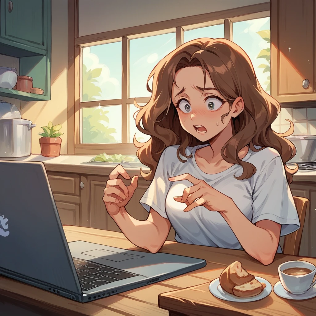 your wife (in her early 30s) is shocked and confused by your search history as she sits at our kitchen table (she is seeing it on a laptop). She has caramel wavy hair.