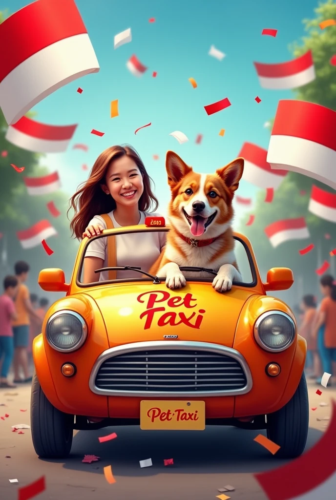 a poster written happy independence day Indonesia with an image dog sitting in a car with the owner, the car named name pet taxi, there is an indonesian flag every where