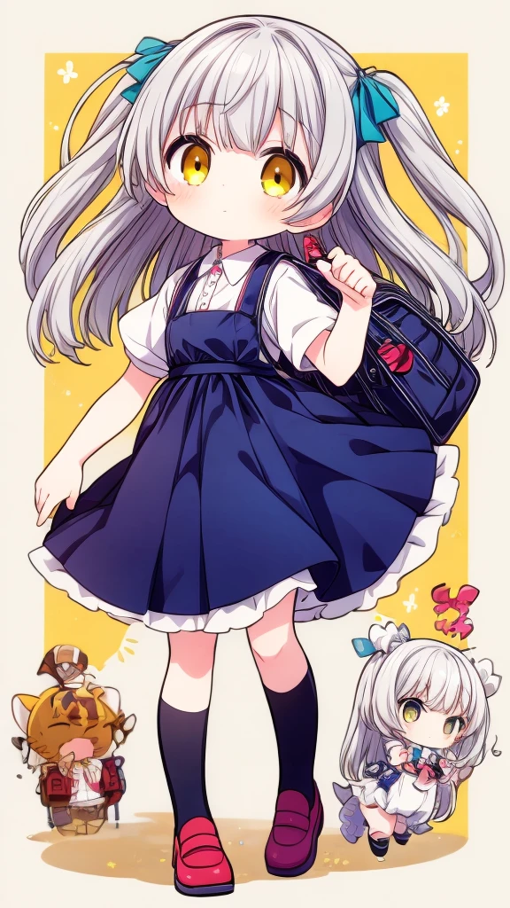 1girl,Little、cute、Primary school students、Red short-sleeved dress、Gray Hair、Red School Bag、Skipping、Facing sideways towards the audience、Yellow simple background
