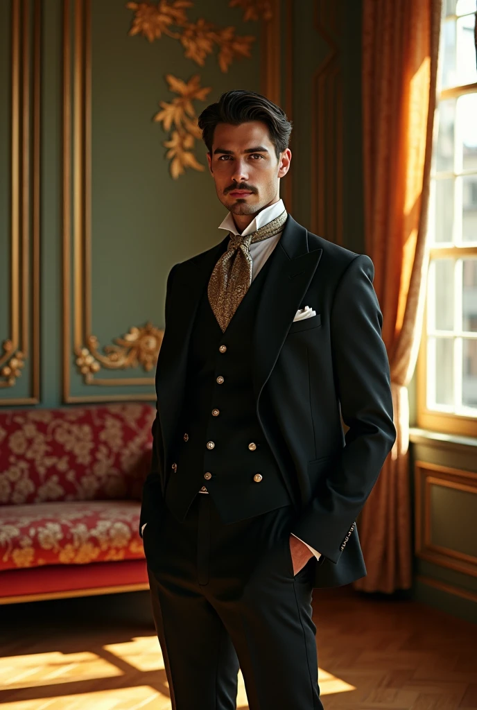 A tall, lean, and athletic gentleman in his early 30s stands confidently in an elegant, early 20th-century Parisian room. He has neatly groomed dark hair, a small, well-kept mustache, and sharp, intelligent dark eyes. His aristocratic facial features are refined and handsome, with a well-defined jawline. He wears a tailored black suit with a crisp white shirt and a silk cravat. His posture is graceful yet commanding, exuding charm and sophistication. The room around him, decorated in Art Nouveau style, complements his refined appearance, with flowing lines and rich textures enhancing his elegant presence.