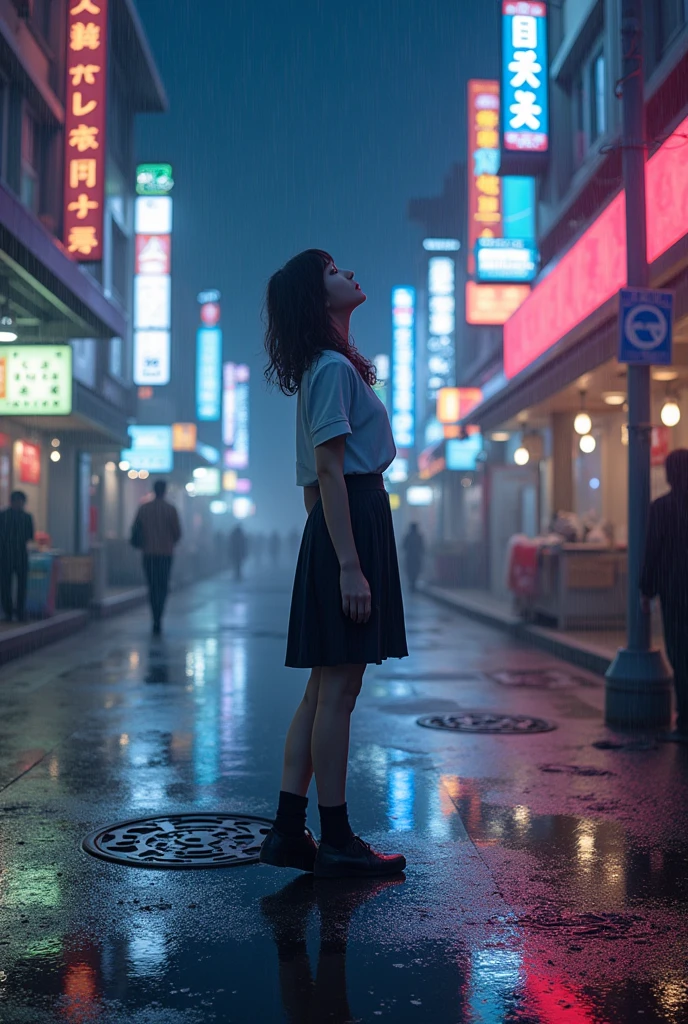 (Anime:1.2), beautiful girl standing in rain in middle of the street in a neon city in modest school uniform and facing up as the rain touches her face and goes