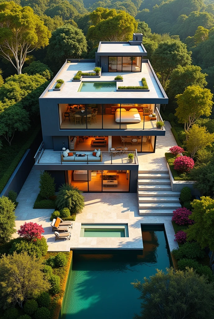 High definition top view of modern large house in nature with lots of light, two rooms, two bathrooms, a kitchen, three living rooms, a backyard and a front yard. The same house from a closer perspective 