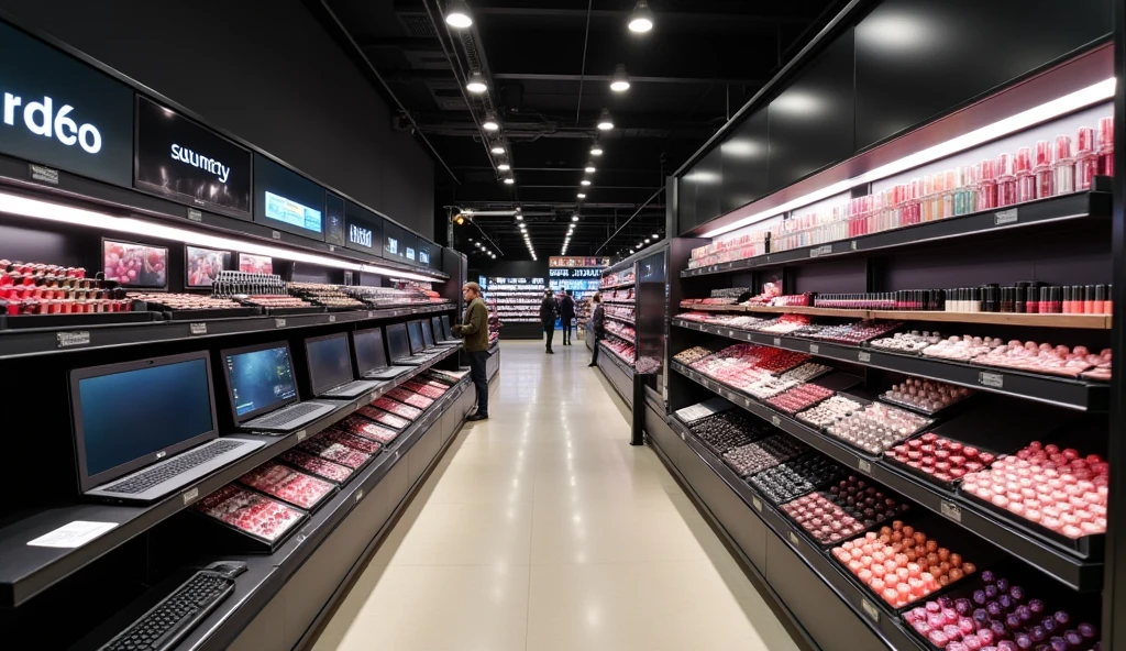 Image of a supermarket selling computers and cosmetics in black.