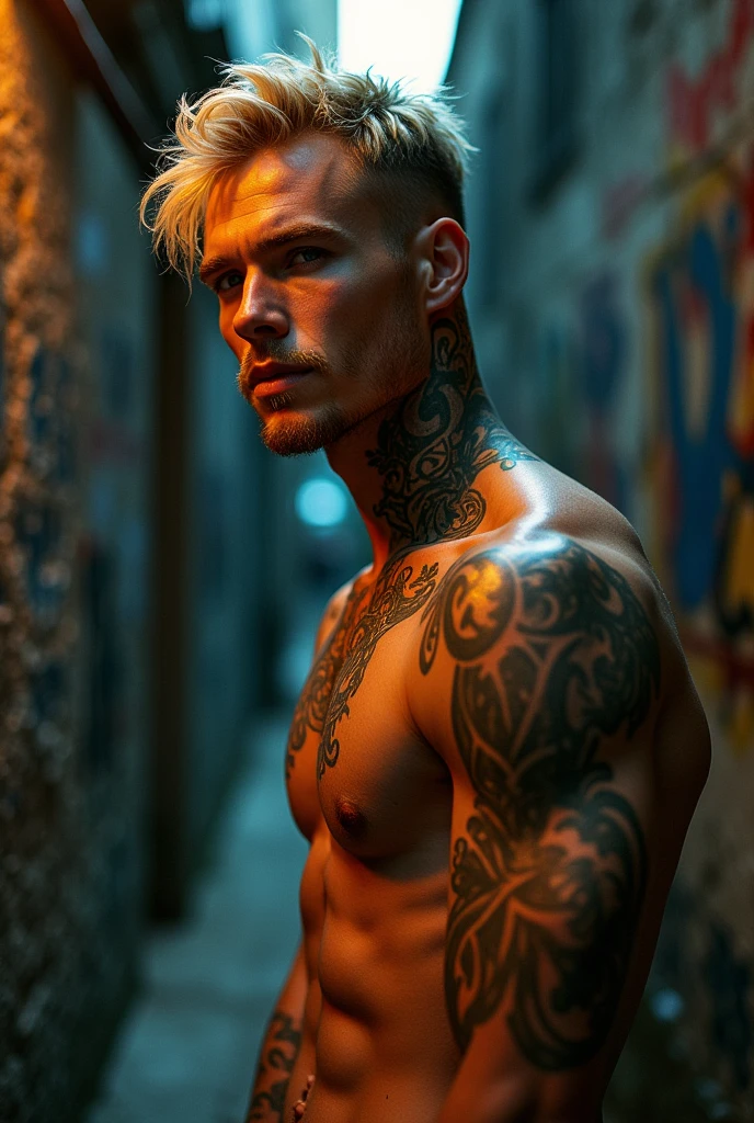 a man with blond hair and black eyes, no beard and with tattoos 