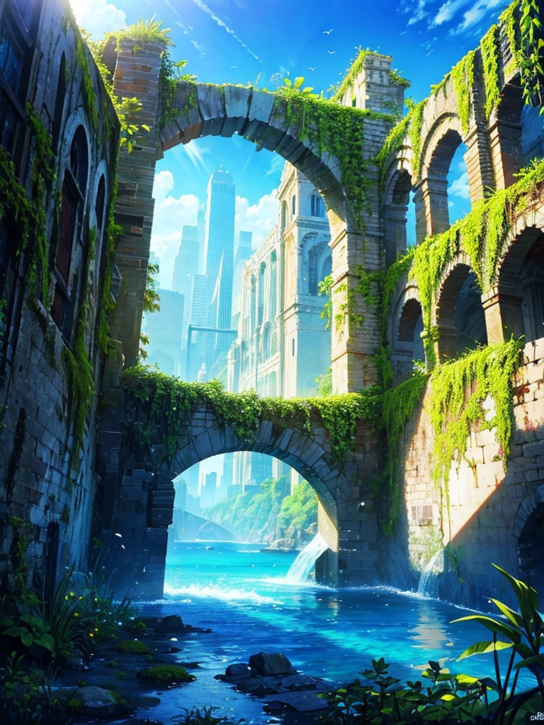 Ruined city,background,Plants,water,blue sky