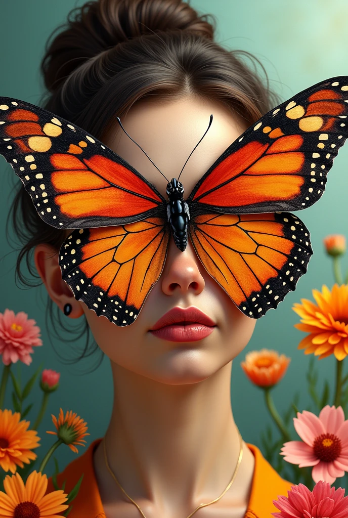 Face of a Western brunette woman, cabelo prisoner e preto, prisoner, thin lips and no makeup, with a giant butterfly taking over the whole face and colorful flowers in the background of the photo pixar style