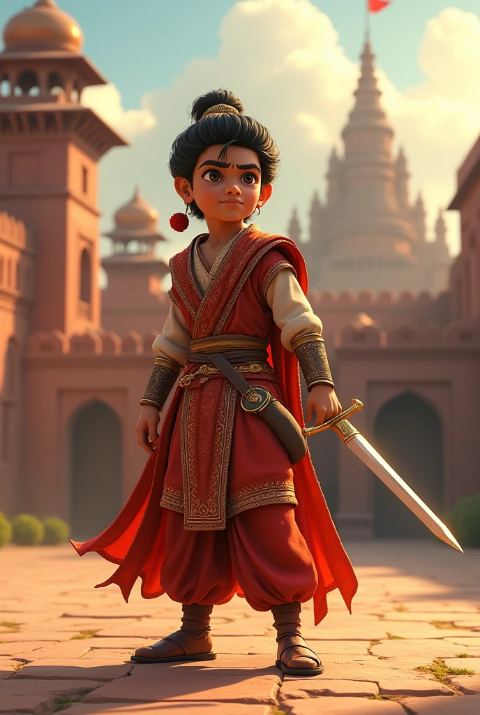 A young Maharana Pratap (Indian prince) practicing swordsmanship in a courtyard, with a determined expression on his face. In the background, there is a faint silhouette of a grand fort, symbolizing his heritage and the responsibility he feels towards his ancestors in 3d animation style