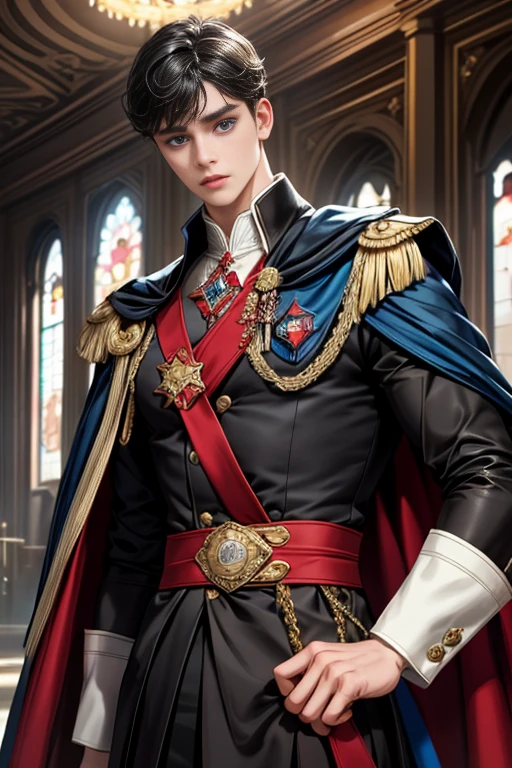masterpiece, 最high quality, high quality, 1 boy, alone, Male focus, Watching the audience, Messy black hair, Adorable big blue eyes, White people, Noble, Noble,Sexy voluminous cape、vampire、A very voluminous, large, very large, very large, long, long red and black cape with a high stand-up collar, made of a lot of fabric that reaches down to the floor., ,Cute beautiful boys,Cute, cute, kind, handsome guy