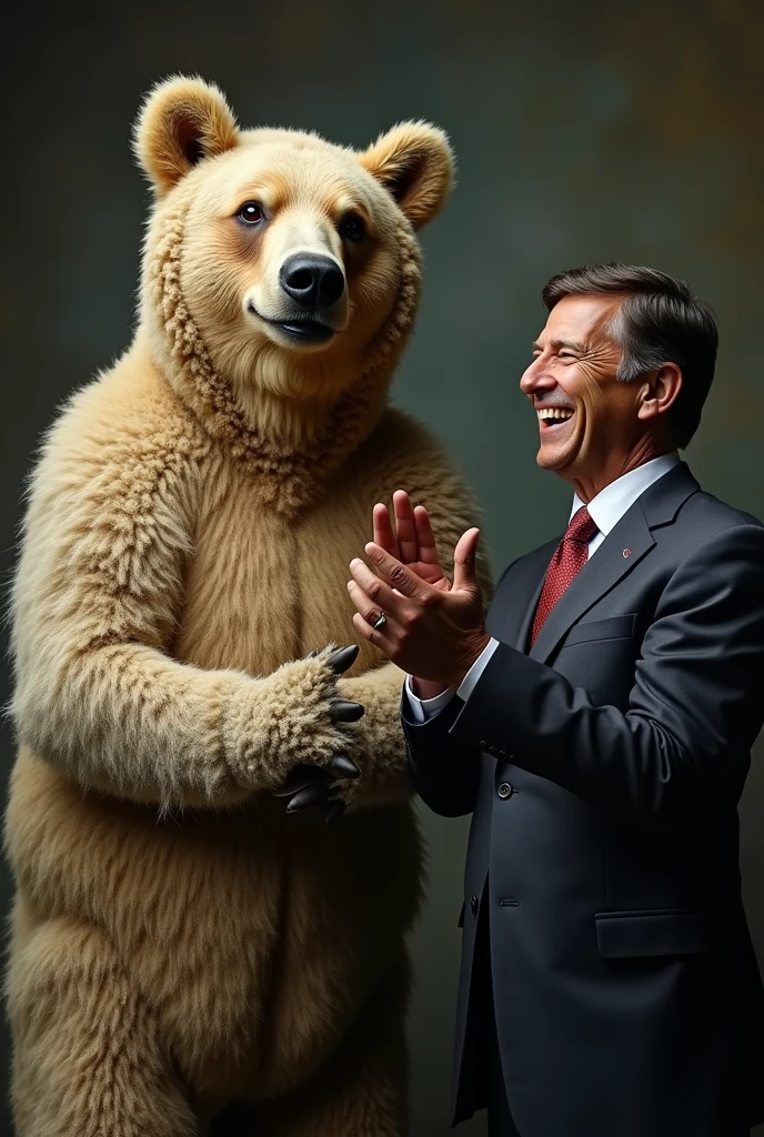 A realistic scene depicting a large bear disguised in sheep's skin, with the texture of the fur appearing worn and slightly torn, revealing the bear's true nature beneath. Surrounding the bear, there is a man with a hypocritical expression, clapping his hands enthusiastically. The man is a politician, with large, cunning brown eyes, wearing a suit that appears slightly too formal and stiff. The background is subtle and muted, focusing the viewer's attention on the contrast between the bear in sheep's clothing and the false believer.