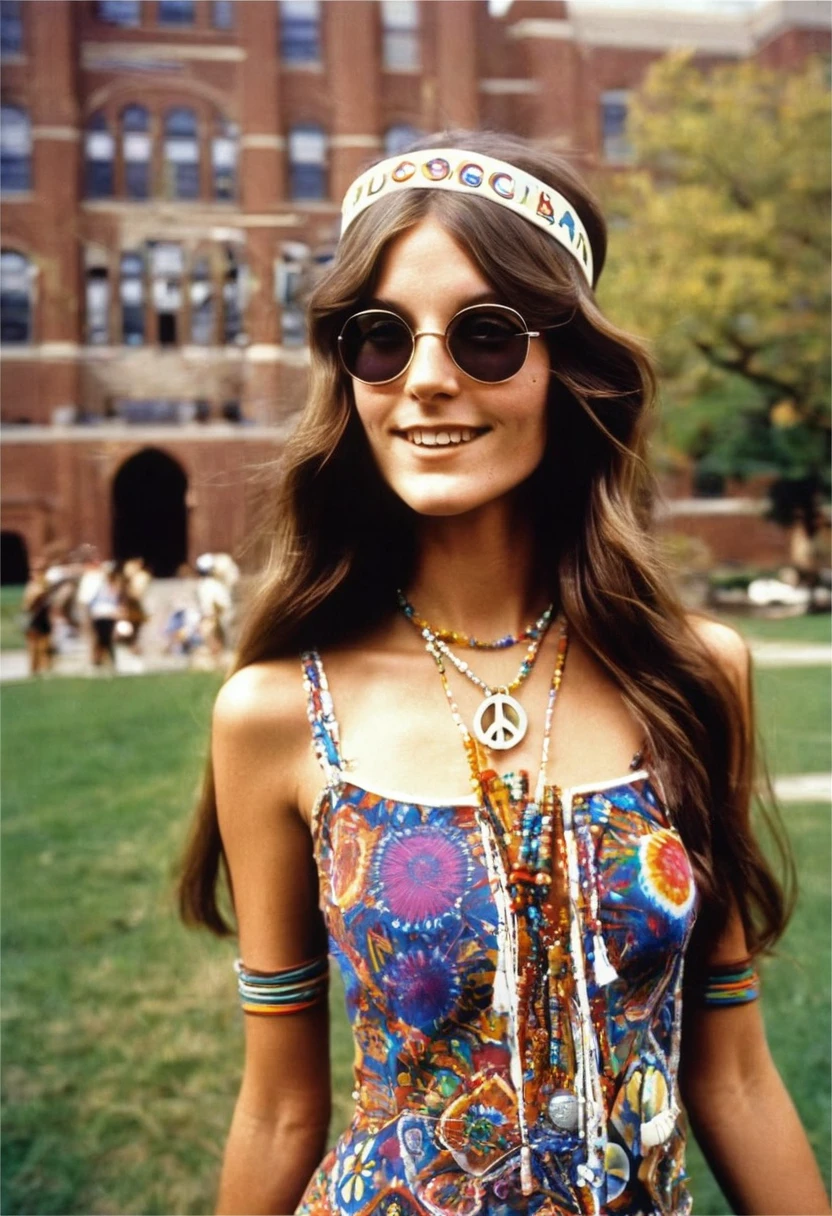 America in the 1970s, a hippie, white female college student who is a no-bra activist, an intellectual at Columbia University, small breasts, long straight brunette hair, intelligent beauty, psychedelic fashion, Peace sign badge, long eyelashes, heavy makeup, a headband with a psychedelic pattern, she is heavily influenced by rock music, a super-mini dress with a flashy print, white thick-soled boots, the background is the grass of a university campus, the background is blurred, photo noir, the camera is detailed, the colors are intense, the shadows are deep, professional lighting, professional camera,