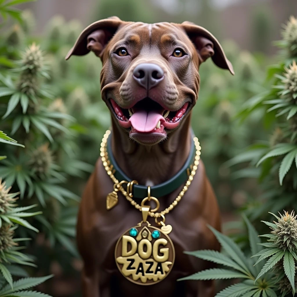 Very stoned pitbull with a pendant that says dogZaZa With countless cannabis buds on a plantation