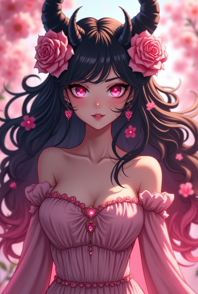 A 20 year old long pink mix black (gradations) haired woman, curly hair style, pink jewelry sharp dragon eyes, with black dragon horns on top of her head and pink roses flowers against her horns. looks pretty, graceful yet intimidating and terrifying. wearing a fancy greek dress which make her looks like a goddess. make it with pink flower background and in anime style