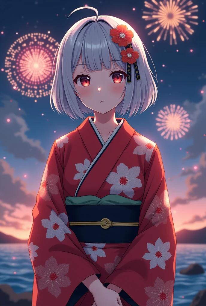 Not an anime, (RAW Photos, Highest quality, masterpiece: 1.2), (Realistic: 1.4), Best lighting, 20-year-old, (Light grey hair, Short Bob Cut, Divide your hair into 3/7ths, hair above one ear, :1.3), (Symmetrical eyes, alone, Mid-chest, Detailed skin, Like a model:1.2), View your viewers, (Light grey hair, Cowboy Shot, ((Countless fireworks with the ocean as a backdrop)), Are standing, ((A red and white yukata with a beautiful red camellia flower pattern, Black belt tightening, Hair accessories to match your yukata, Midnight, Long Shot)),:1.25)