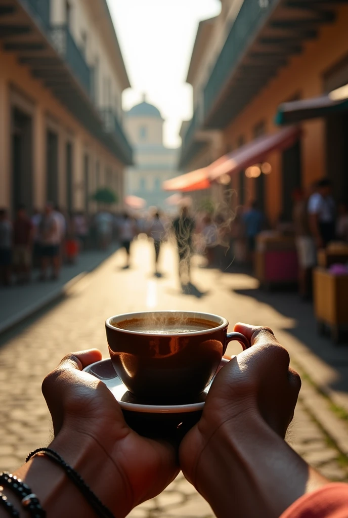 Man's hands holding a cup of coffee with a colonial background