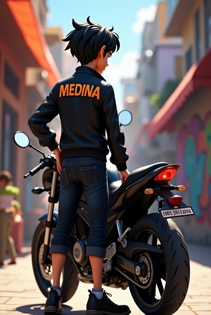 Disney male character with his back turned, dark hair, wearing a black leather jacket with the last name Medina on his back, next to a Honda Cb 190r black sport motorcycle.