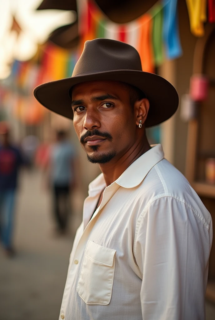 "Create a realistic image of Pedro do Sertão, a musician from Sergipe, looking directly at the camera in the style of Luiz Gonzaga. He should be wearing a traditional cotton shirt and a Northeastern Brazilian leather hat (chapéu de couro), reflecting the classic style of Luiz Gonzaga. There should be no other accessories or instruments. The background should subtly suggest a festive and cultural atmosphere typical of Northeastern Brazil."