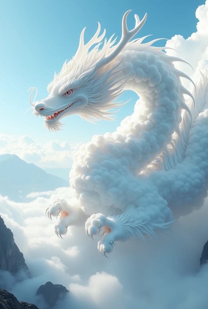 (masterpiece), (Best quality), Movie quality，Rendered by Octane，extreme detailed details，Cloud dragon composed of white clouds，Huge Chinese dragon，Elongated dragon body，main body，Dragon Tail，Dragon Horn，Dragon Claw，8k