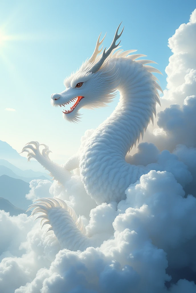 (masterpiece), (Best quality), Movie quality，Rendered by Octane，extreme detailed details，Cloud dragon composed of white clouds，Huge Chinese dragon，Elongated dragon body，main body，Dragon Tail，Dragon Horn，Dragon Claw，8k