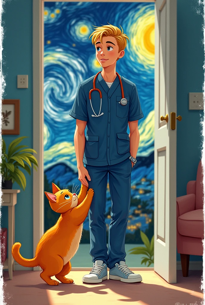 Can you create a 2D Polaroid drawing of a painting in the background, one piece , A tall, thin, blonde nursing student in a navy blue medical uniform, He will enter and his orange cat will greet him, that it's tender and looks like a cartoon, the background can be a painting of the starry night