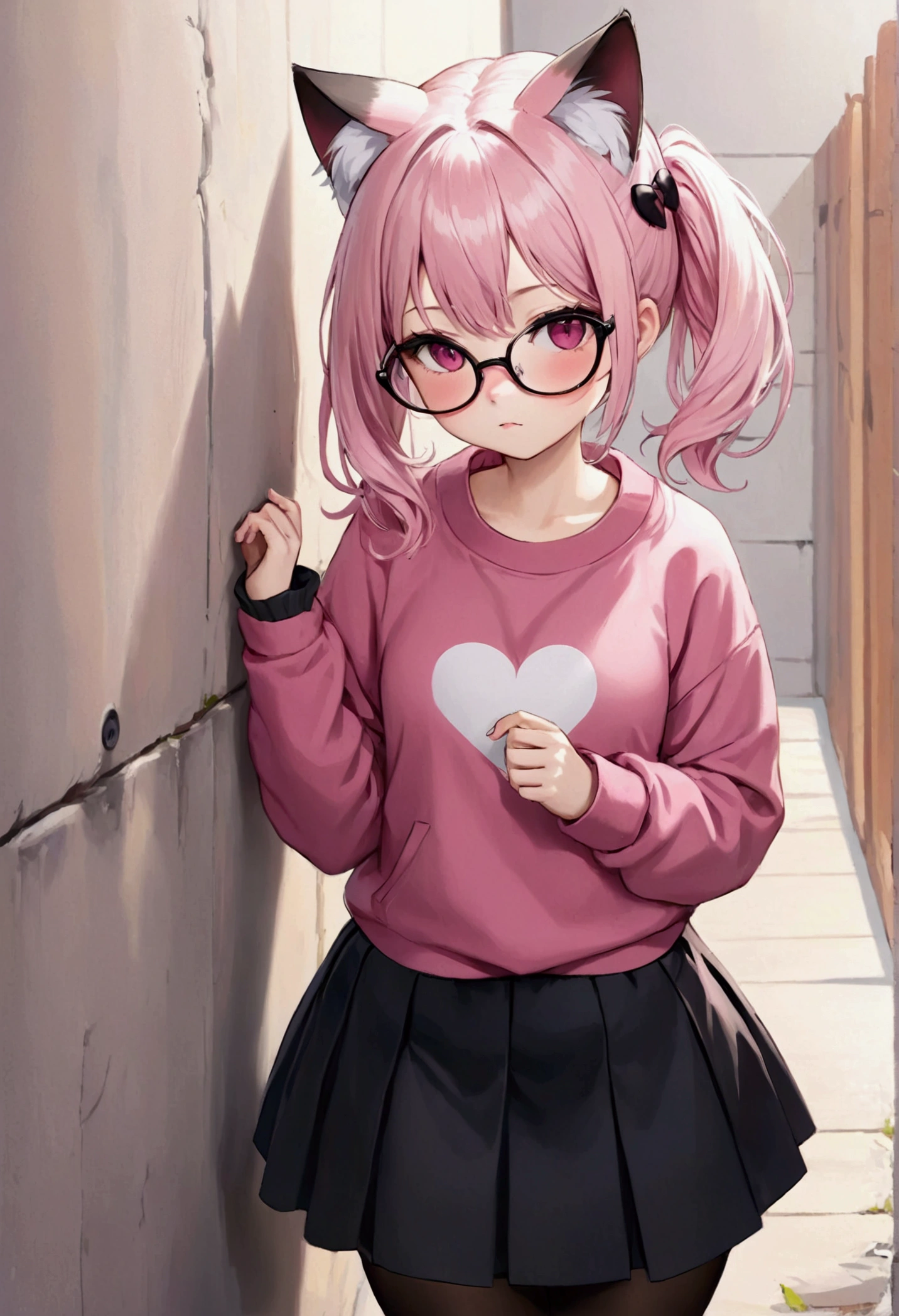 I have white pink hair, cat ears, a bun, my face is super blushing, black glasses, pink heart eyes, a big pink sweatshirt, a black skirt, black stockings, white shoes, a cat's tail, a girl. very shy that she is glued to a wall with her butt