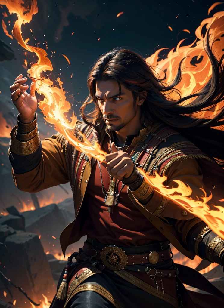 You have provided an excellent description of a man, native american, with fiery powers in the world of Teyvat.. I will do my best to add more detail., focusing on the best quality, High resolution, ultra detailed, (realistic 1.37), vivid colors, physically based rendering, HdR, HD, studio lighting.

The man with fiery powers soaring through the sky in the world of Teyvat., surrounded by a vivid display of fire and sparks, Every bolt is meticulously rendered in ultra high definition and with hyperrealistic detail.. his eyes, glowing with intense energy, They are vibrantly colored, Capturing every nuance and complexity with life.