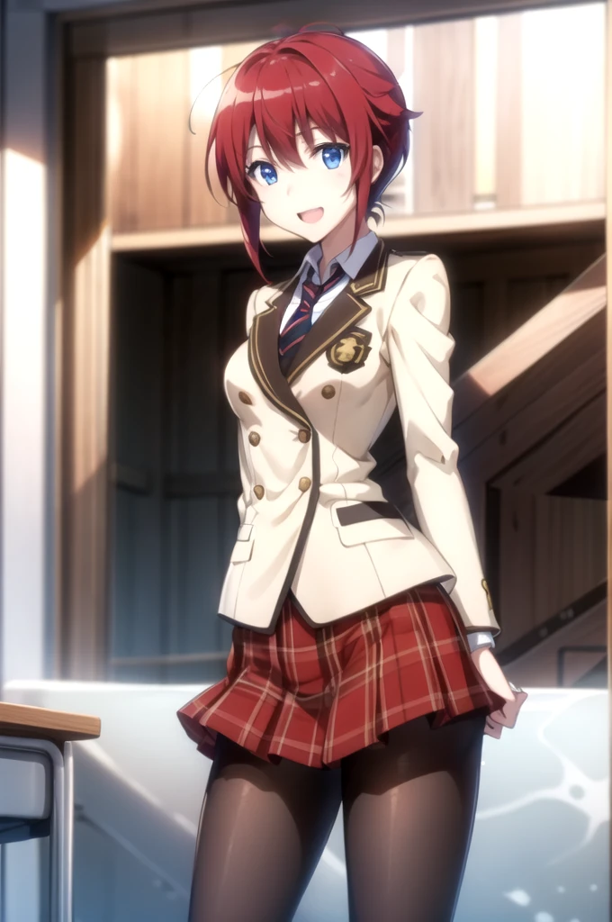 Highest quality, masterpiece, Very detailed,
Aoi Sakurai RW,
Open your mouth, A light smile,
blue eyes, Redhead, short hair, ミディアムshort hair,
school uniform, blazer, tie, Red Skirt, pantyhose,
Are standing, Looking at the audience,
classroom