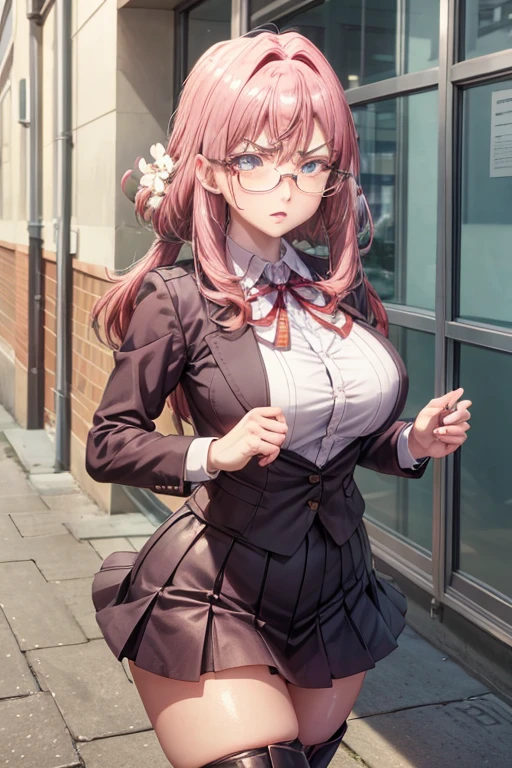 masterpiece, Beautiful art, professional artist, 8k, art style by sciamano240, Very detailed face, Detailed hair, detailed clothing, detailed fabric, 1 girl, perfectly drawn body, beautiful face, broad, very detailed, wearing teacher clothes, thigh high boots, tube skirt, Glasses, looking angrily over Glasses, Sensual Lips , pink cheeks, School environment, detailed background, board , show details in the eyes, close up view, spectator looking, angry expression,