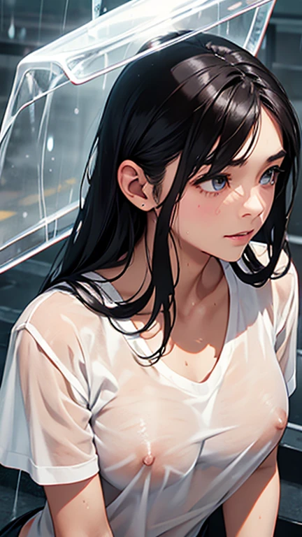 Highest quality、Realistic、、zoom、、look up、cute、Light grey eyes、Black Hair、Long Hair、boyish、Tanned brown skin、Dark Skin、Plain white T-shirt、heavy rain、Heavy Rain、Soaked from head to toe、Wet Hair、Wet Face、Wet body、A wet, clingy shirt、A wet, see-through shirt、See-through pink nipples、Shy laugh、Flat Chest、No bra、Bust Shot、thin
