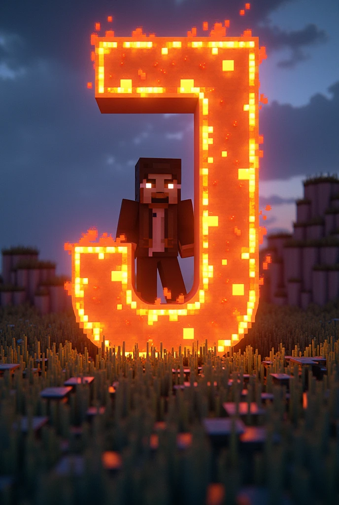 A giant J engulfed in flames, and behind it a black shadow with a Creeper wearing a jacket.,the setting in a Minecraft world 